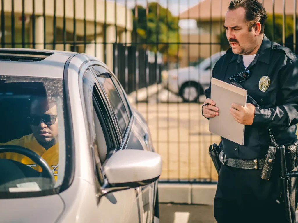 A law enforcement officer approaching a vehicle during a DUI stop, representing the beginning of the DUI screening process that assesses substance use risk.